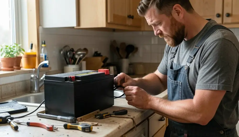 The image shows a 2024 F-150 truck battery with a focus on explaining common issues.