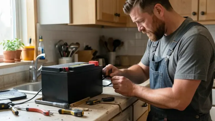 The image shows a 2024 F-150 truck battery with a focus on explaining common issues.